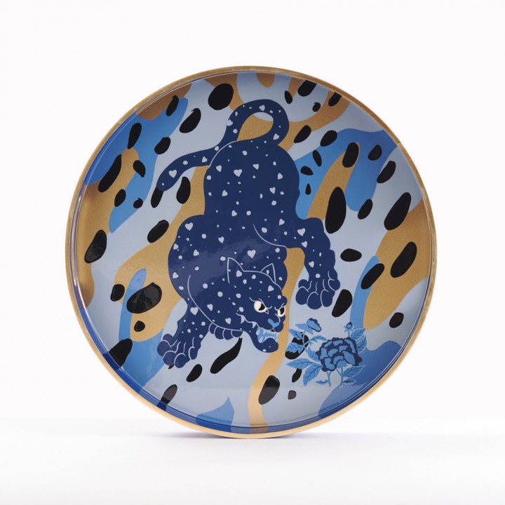 Round lacquer tray with the blue panther  D40 cm